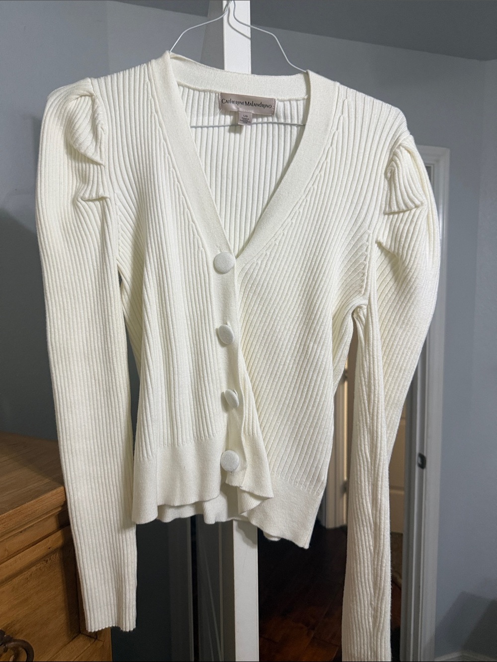 Catherine Malandrino Ivory Ribbed V-Neck Cardigan with Puff Shoulders